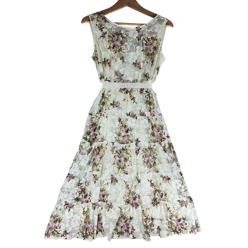 Floral Lace Midi Dress Womens M White Pink Tiered Sleeveless Ribbon Tie Romantic